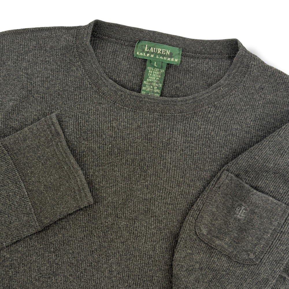 Ralph Lauren Women L Grey Ribbed Knit Cotton Sweater Long Sleeve Shirt Logo Y2K